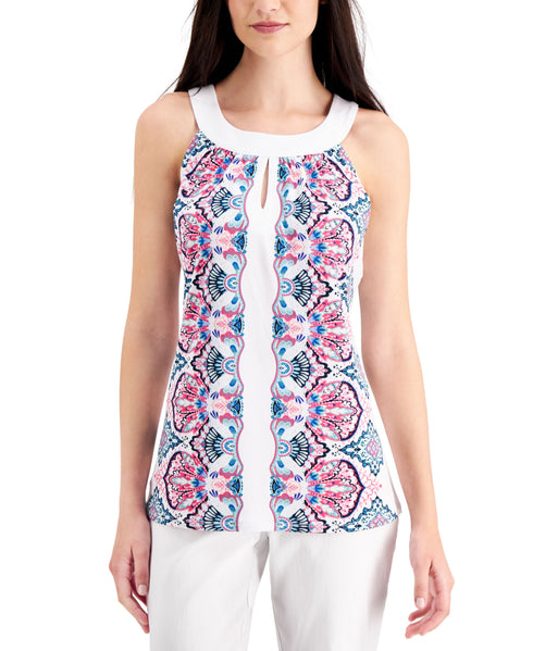 JM Collection Printed Keyhole-Neck Top